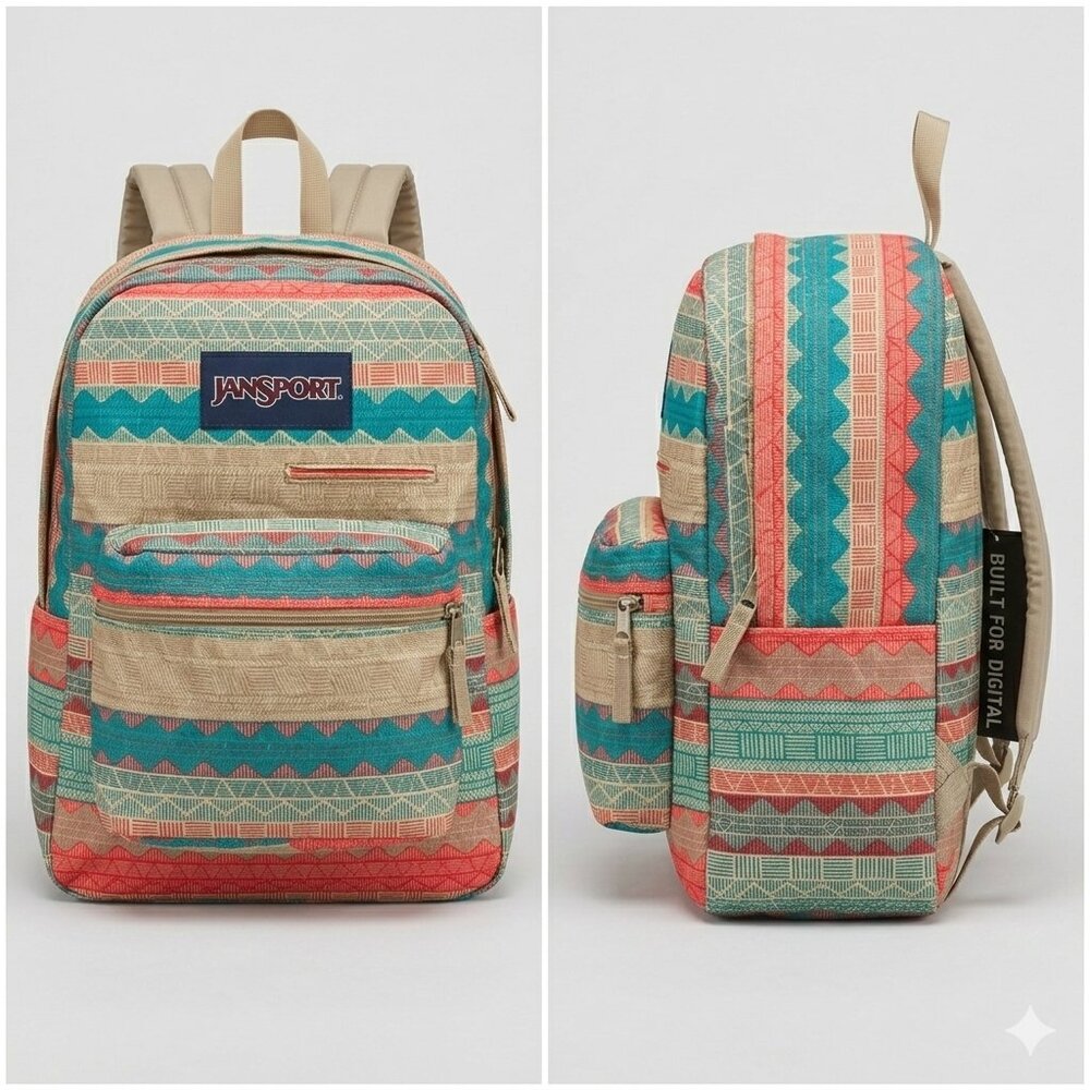 NEW Jansport Digibreak Multi Tan Boho Stripe Tech Backpack